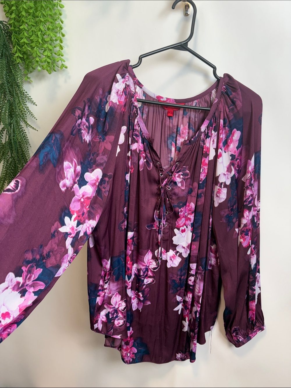 Jennifer Lopez Burgundy Floral Lace-Up Peasant Blouse